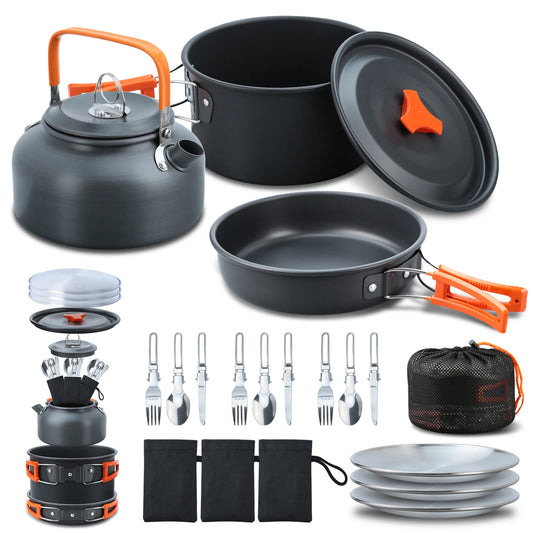 Outdoor Camping Cookware Set Portable Picnic Tableware Frying Pan Soup Pot Kettle Plate Knives Spoons Forks