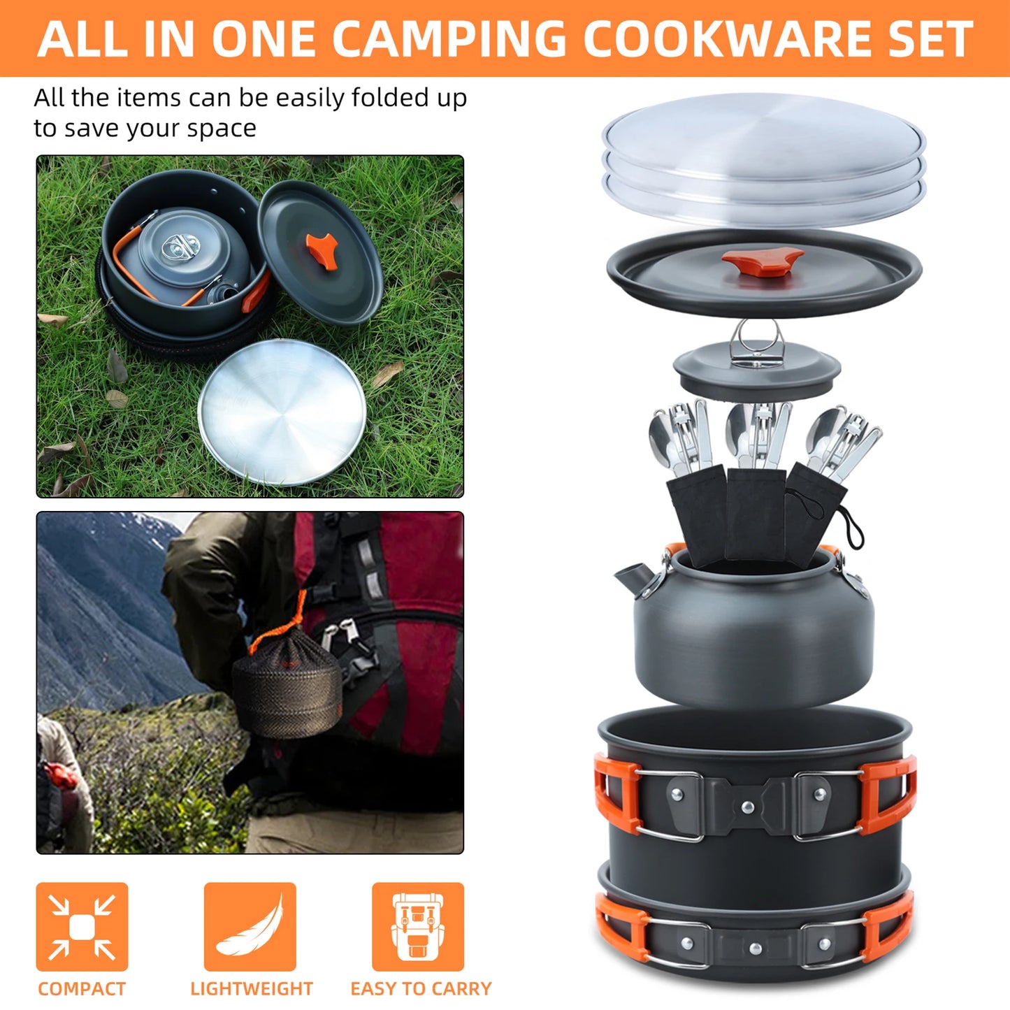 Outdoor Camping Cookware Set Portable Picnic Tableware Frying Pan Soup Pot Kettle Plate Knives Spoons Forks