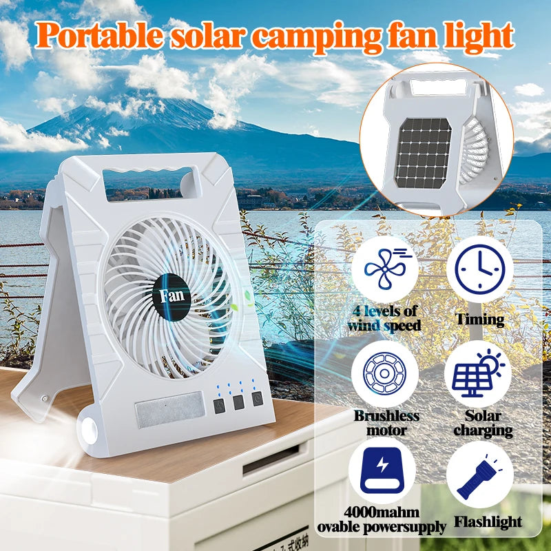 Camping Solar Fan Solar-Powered Camping Fan – Portable Rechargeable Fan with LED Light & Power Bank for Outdoor Adventures