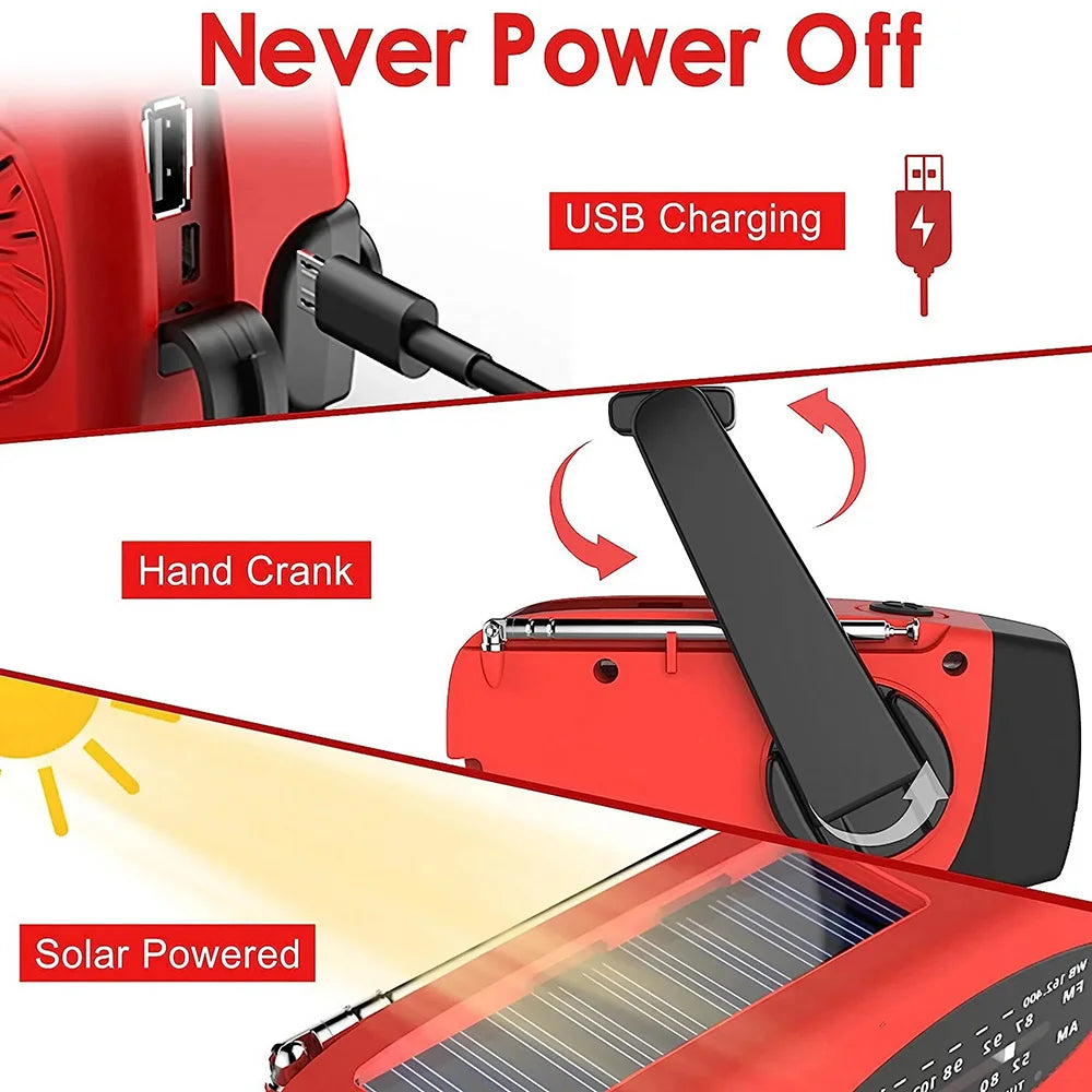 Solar Hand Crank Powered Camping Light with AM/FM Radio Outdoor 2000mAh USB Charging Multifunctional Hand Dynamo LED Flashlight