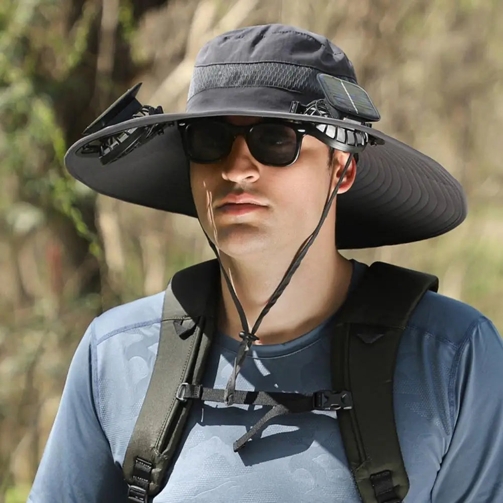 Solar Powered Cooling Hat Men Fisherman Hat Large Brim Windproof Strap USB Rechargeable Fan Hat Outdoor Fishing Camping Cap