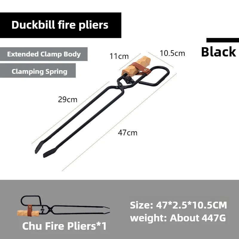 MOUNTAINHIKEOutdoor camping can be done by blowing fire barbecuing iron duck billed fire tongs solid wood handles charcoal clips