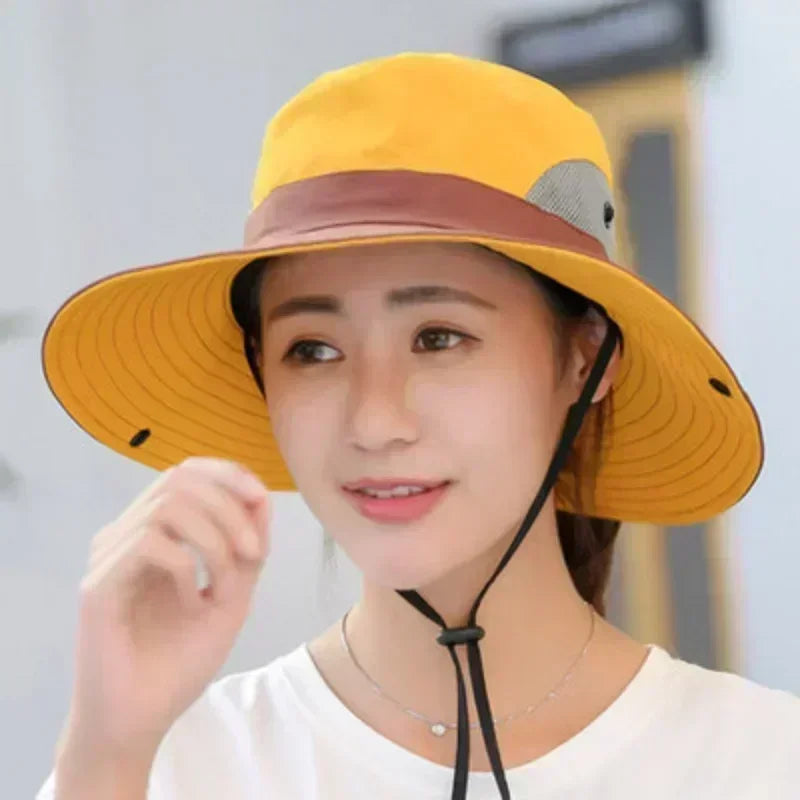 1PCS Women's Ponytail Sun Hat UV Protection Adjustable Foldable Mesh Wide Brim Colorblock Fishing Hat