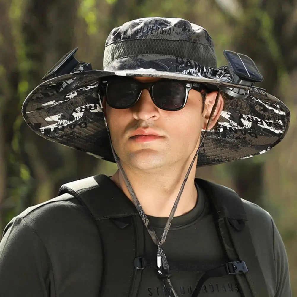 Solar Powered Cooling Hat Men Fisherman Hat Large Brim Windproof Strap USB Rechargeable Fan Hat Outdoor Fishing Camping Cap