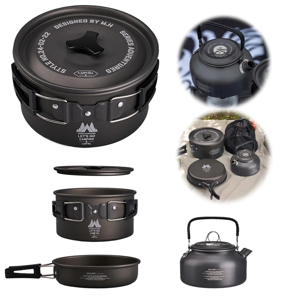 3Pcs/Set Camping Cookware Set with Water Kettle Portable Cookware Kit Tableware Pot Pan Set for Outdoor Fishing Camping