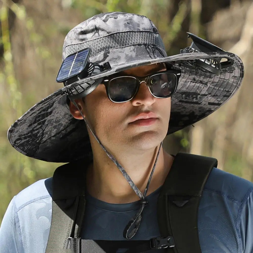 Solar Powered Cooling Hat Men Fisherman Hat Large Brim Windproof Strap USB Rechargeable Fan Hat Outdoor Fishing Camping Cap