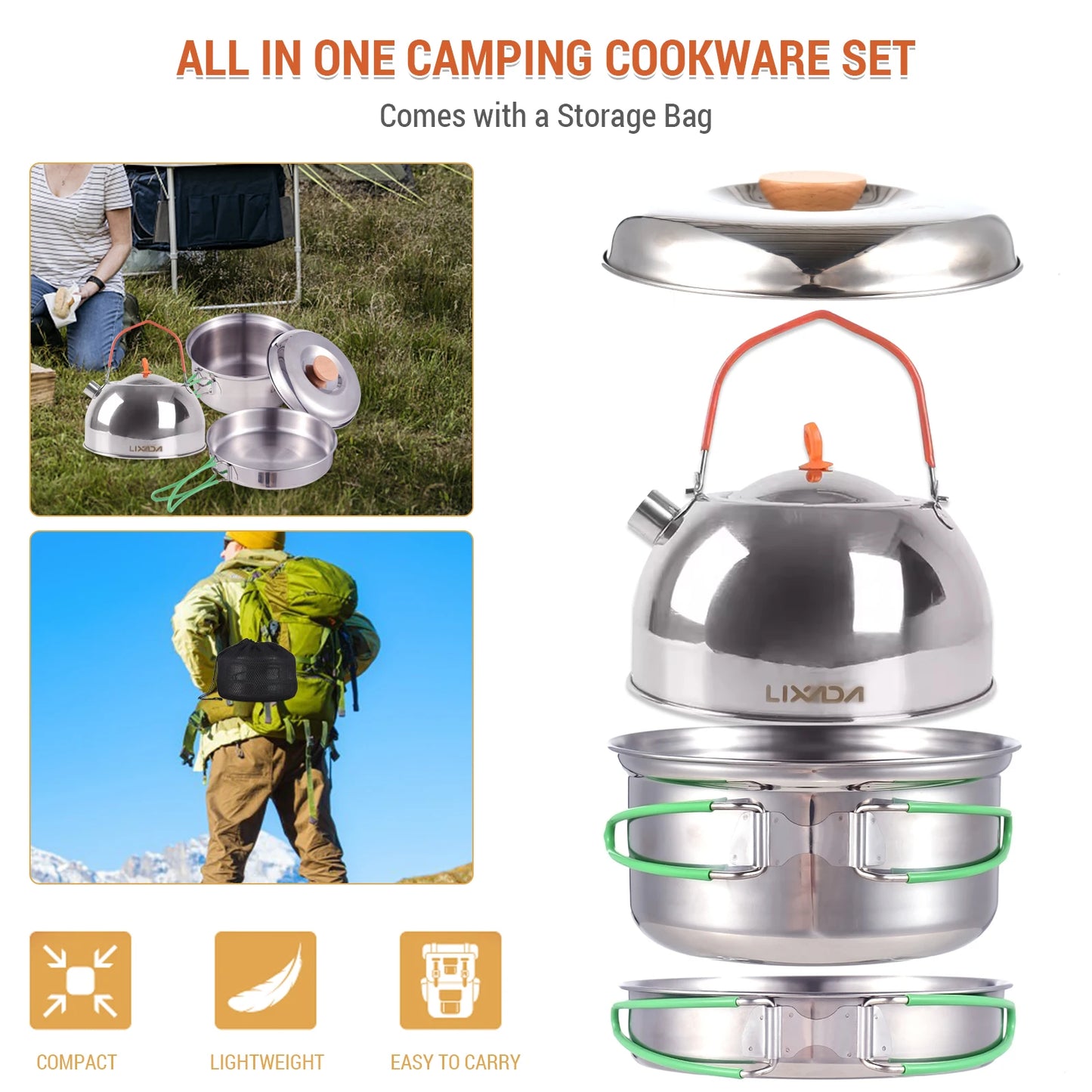 Collapsible Camping Cookware Stainless Steel for 1-2 People Cooking Pot Frying Pan Suitable for All Stove Types Lightweight