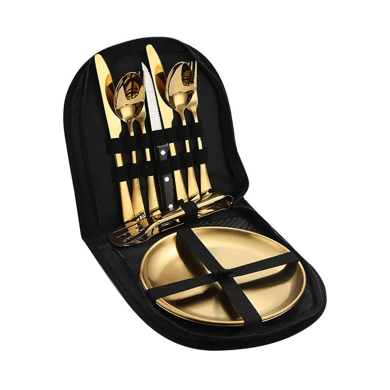 Stainless steel outdoor tableware set camping picnic knife fork spoon plate set outdoor portable meal