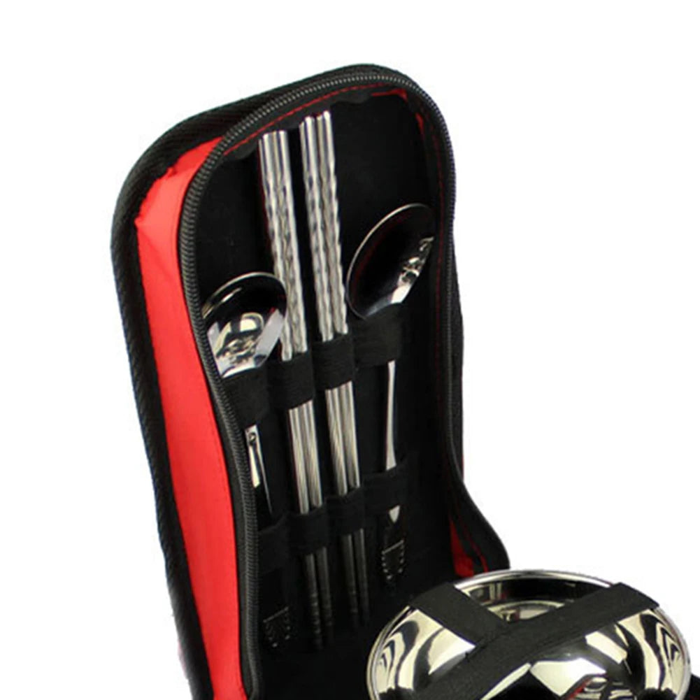 Camping Tableware Kit Bowl Spoon Chopsticks with Storage Bag Stainless Steel Folding Outdoor Hiking Picnic Travel Tableware Set