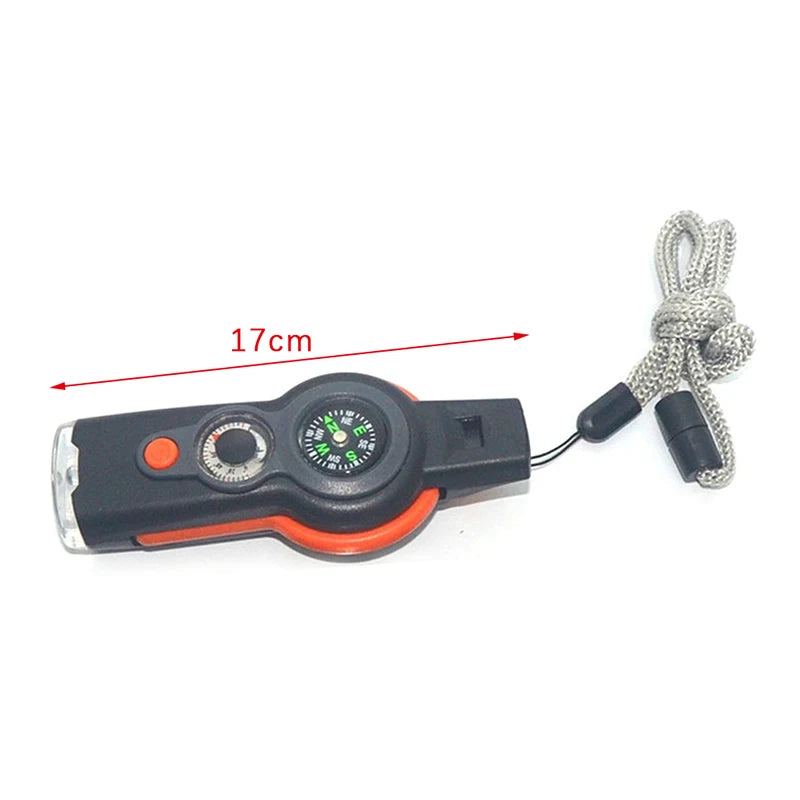 7 in 1 Outdoor Survival Emergency Tool Multifunctional Camping Hiking Whistle Compass Thermometer Magnifier Flashlight