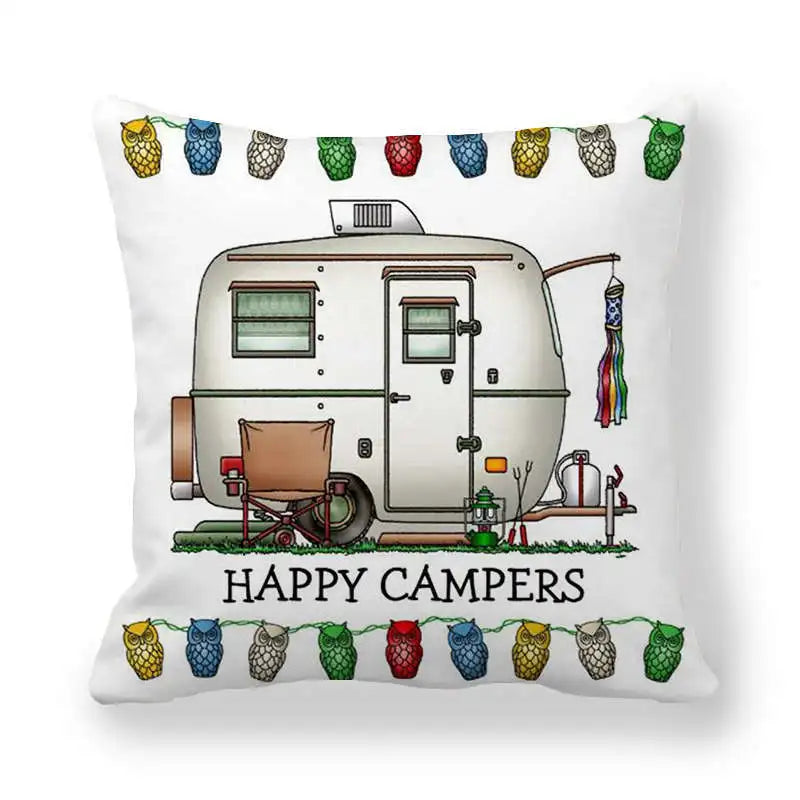Happy Campers Car Cushion Cover Owl Outdoor Camping  Pillow  Sofa Decorative