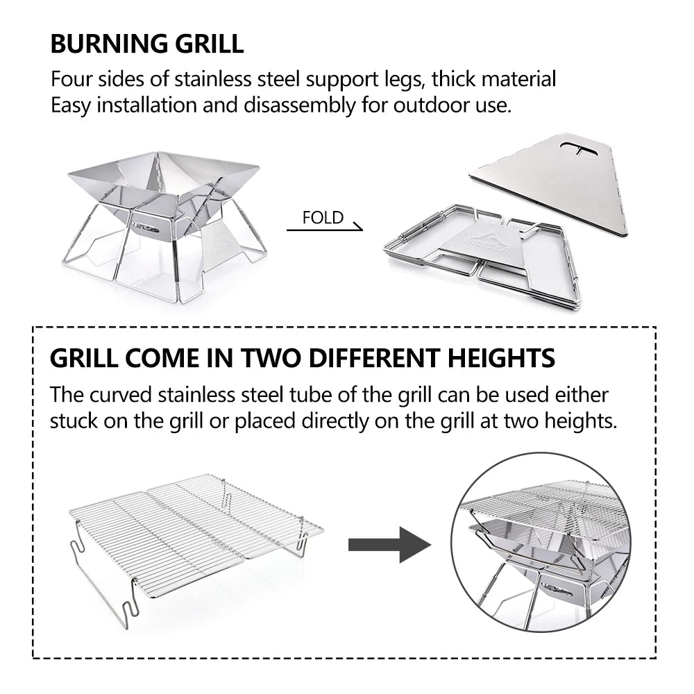 Widesea Windproof Wood-Burning Camping Grill Outdoor Stainless Steel Wilderness Survival BBQ Equipment for Tourists