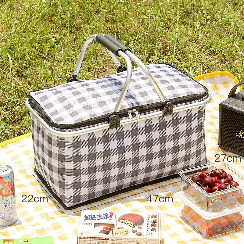 Folding picnic basket, large capacity outdoor camping insulation bag, hand-held aluminum foil thickened fabric car picnic bag