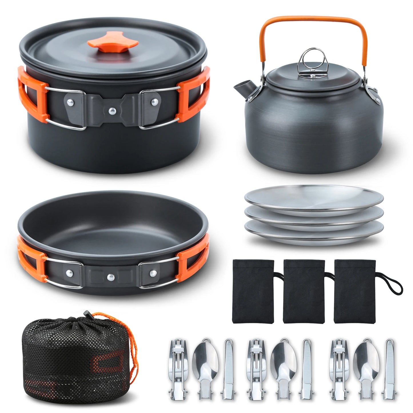 Outdoor Camping Cookware Set Portable Picnic Tableware Frying Pan Soup Pot Kettle Plate Knives Spoons Forks