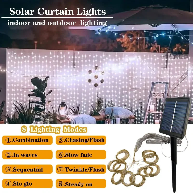LED Solar Outdoor Lights Curtain Garland String Lights for Camping Wedding Party Garden Summer Holiday Atmosphere Decoration