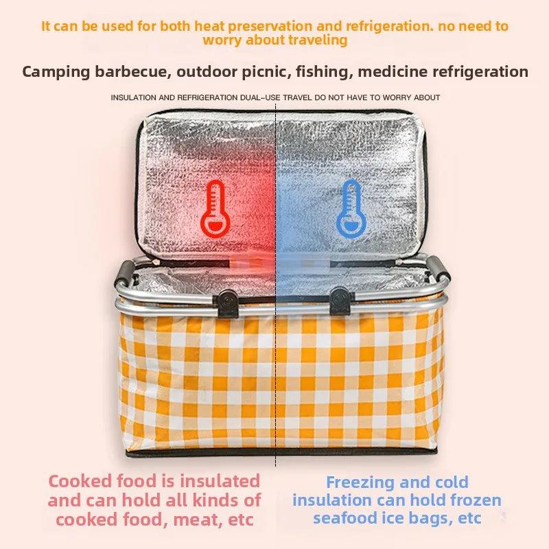 Folding picnic basket, large capacity outdoor camping insulation bag, hand-held aluminum foil thickened fabric car picnic bag