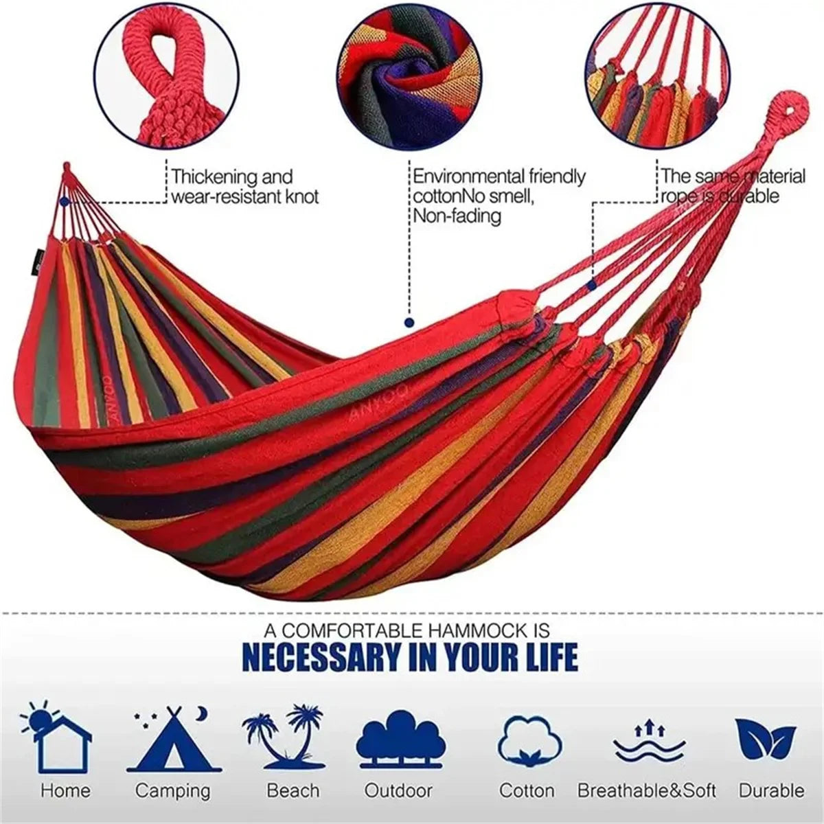 Red and blue single wide canvas hammock, outdoor camping backpack, leisure swing, portable hammock, sleep swing hammock