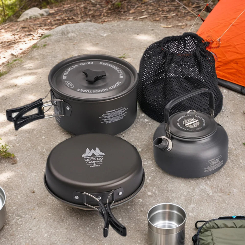3Pcs/Set Camping Cookware Set with Water Kettle Portable Cookware Kit Tableware Pot Pan Set for Outdoor Fishing Camping