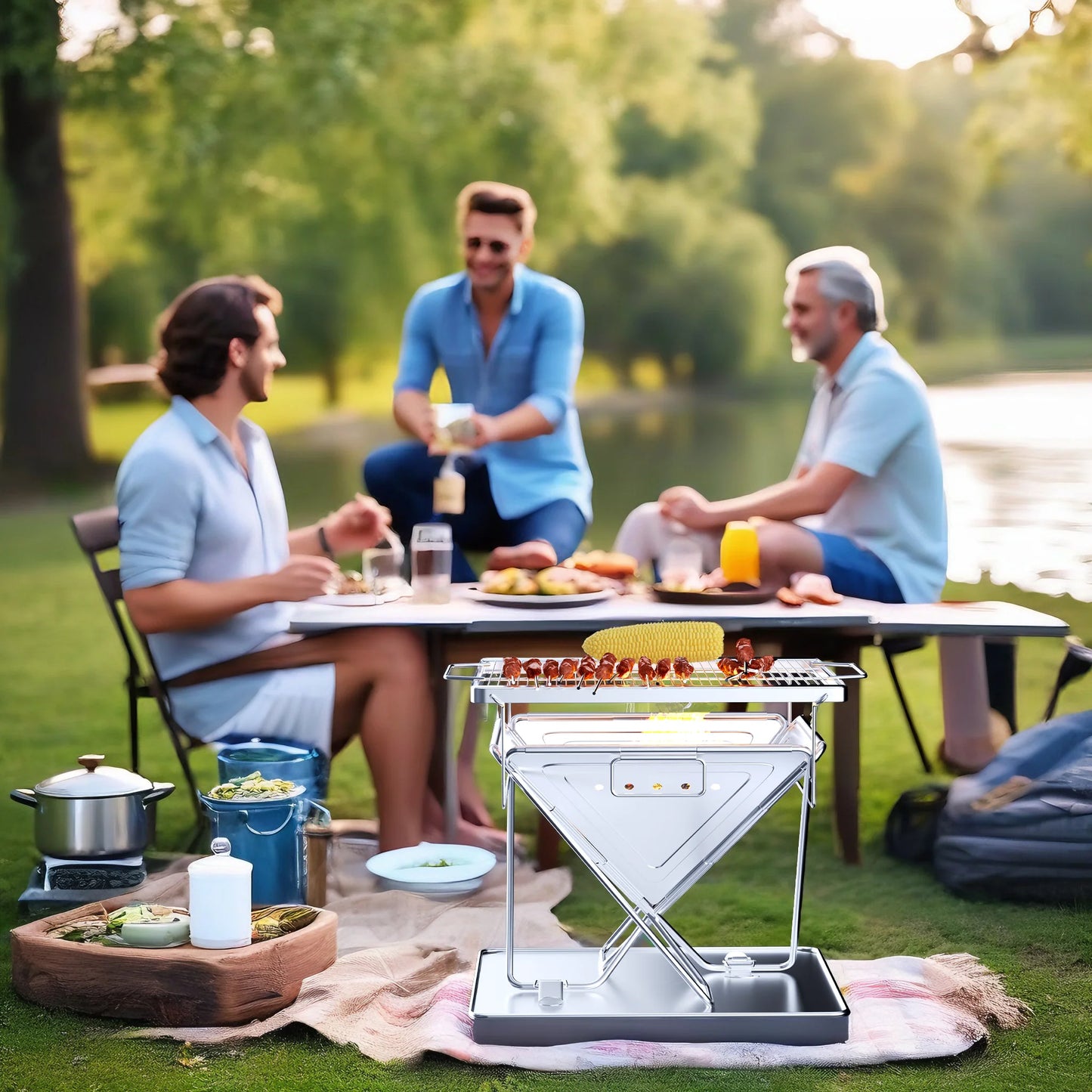 Height Adjust Camp Fire Grill Collapsible Wood Burning Barbecue Grill with Bag