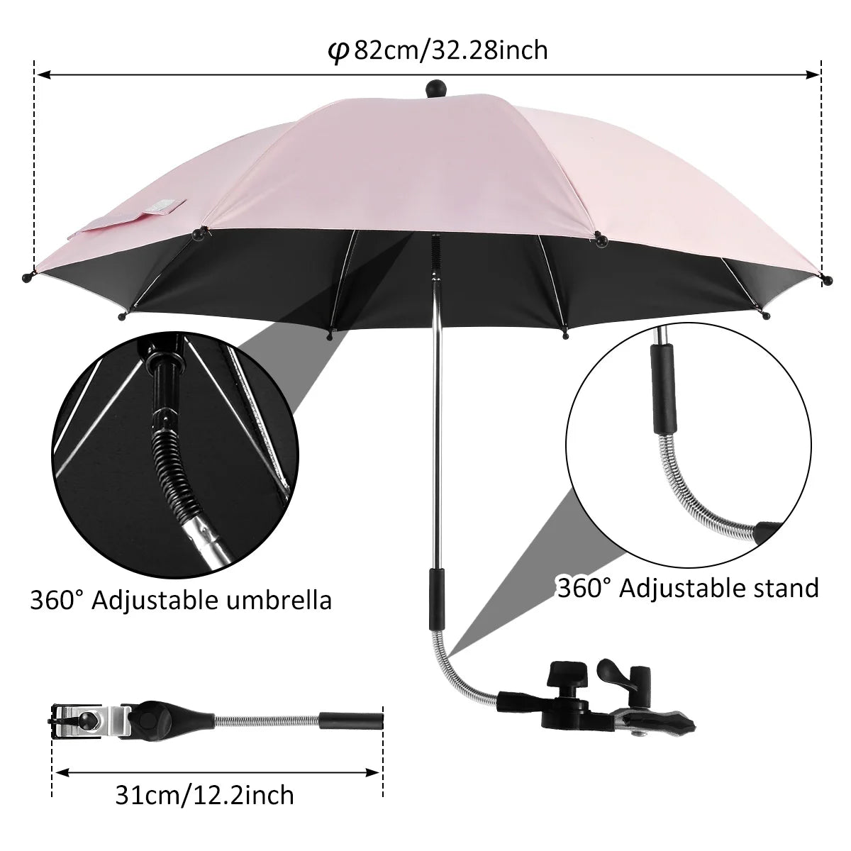 Beach Umbrella Adjustable Shade Umbrella Outdoor with Large Opening Clip Portable Umbrella Beach Camping Chair Wheelchair