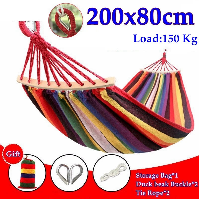 Outdoor Canvas Hammock Portable Thickened Anti-Rollover 2 Persons Striped Hammock Garden Travel Camping Hanging Swing Hammock