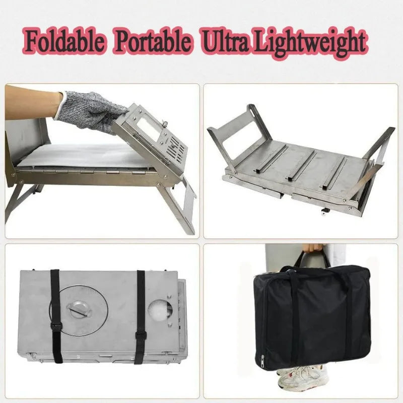 Camping Firewood Stove stainless steel Folding Portable Brazier Tent Wood Heater Furnace with Chimney Outdoor Ultralight Burner