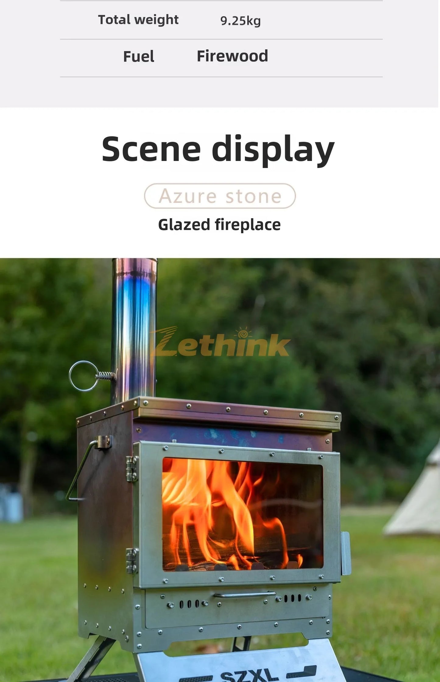 Camping Tent Stove Stainless Steel Smokeless Fireplace Secondary Burning Wood Stove Large Glass Window Firewood Heater