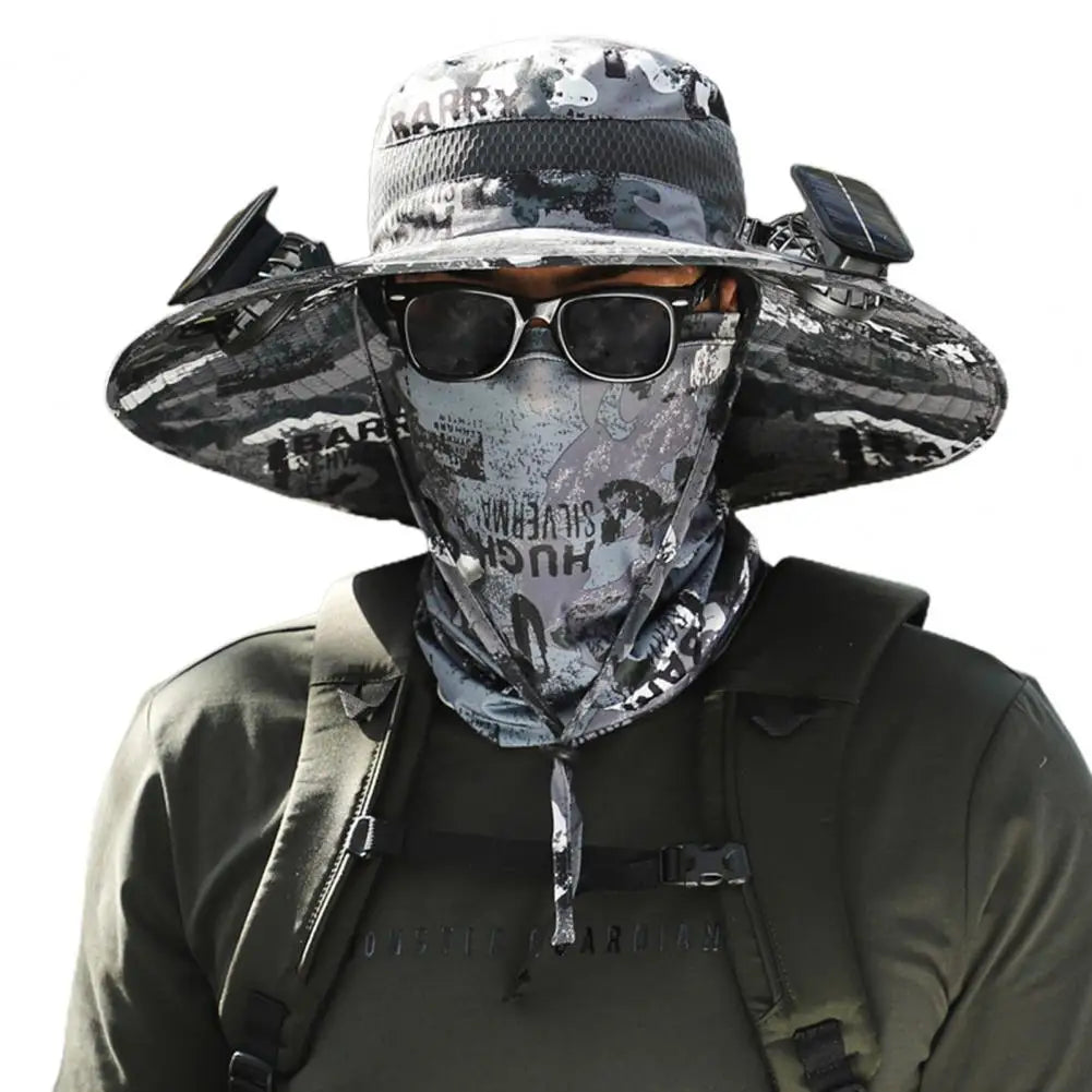 Solar Powered Cooling Hat Men Fisherman Hat Large Brim Windproof Strap USB Rechargeable Fan Hat Outdoor Fishing Camping Cap