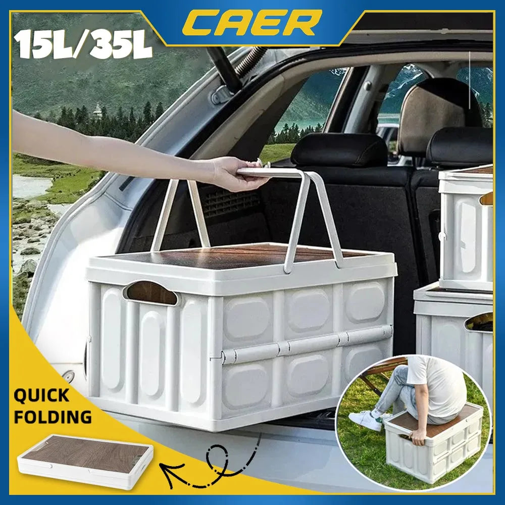 Outdoor Camping Folding Storage Box 35L Thickened Car Mounted Travel Food Foldable Organizing Tool with Carry Handle Wooden Lid