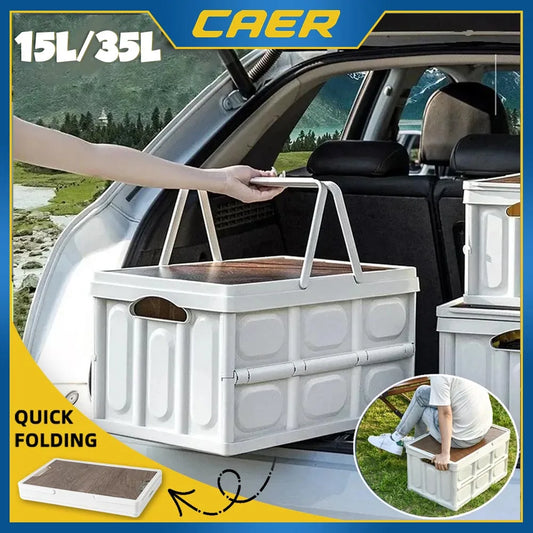 Outdoor Camping Folding Storage Box 35L Thickened Car Mounted Travel Food Foldable Organizing Tool with Carry Handle Wooden Lid