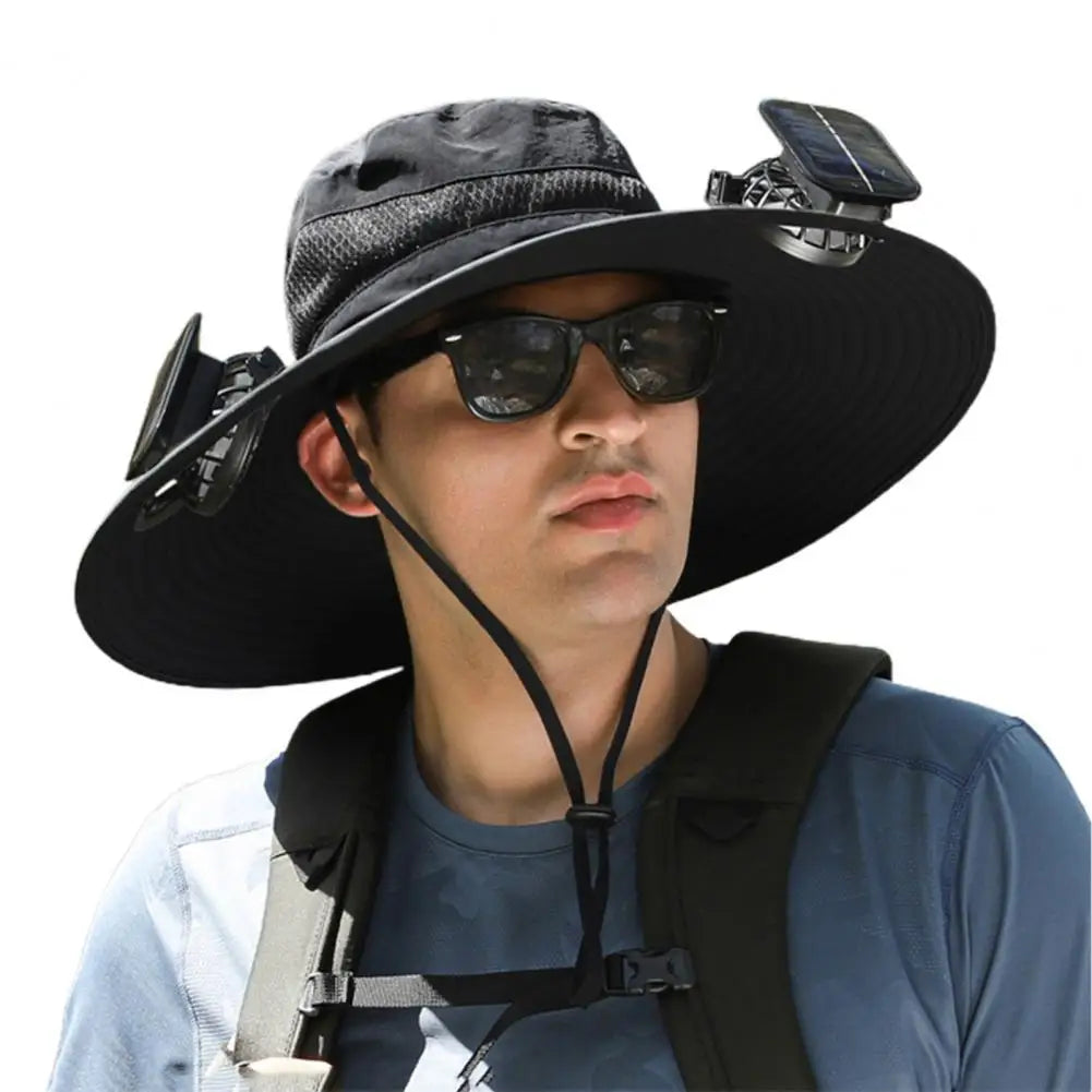 Solar Powered Cooling Hat Men Fisherman Hat Large Brim Windproof Strap USB Rechargeable Fan Hat Outdoor Fishing Camping Cap