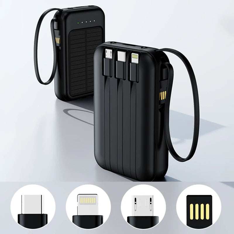 Solar Power Bank Built 4 Cables Portable Charger External Spare Battery Mini Powerbank with LED Light for IPhone Xiaomi Huawei