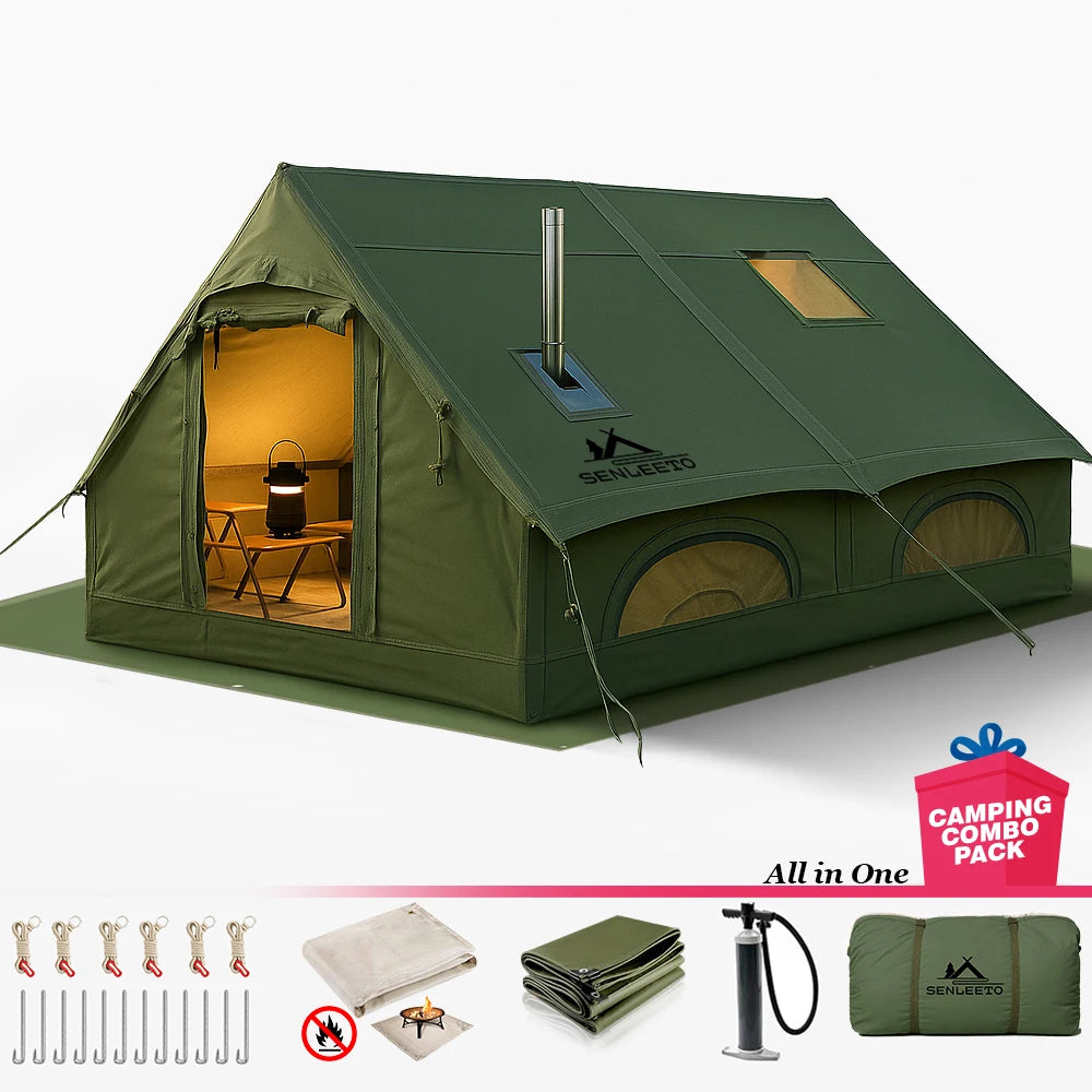 8-10 Person Green Inflatable Glamping Tent with Tarp,4 Season Outdoor Air Tent with Fireproof Mat for Camping
