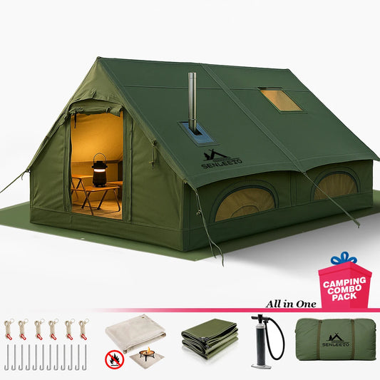 8-10 Person Green Inflatable Glamping Tent with Tarp,4 Season Outdoor Air Tent with Fireproof Mat for Camping