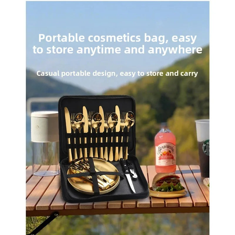Stainless steel outdoor tableware set camping picnic knife fork spoon plate set outdoor portable meal