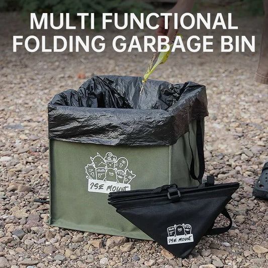 Foldable Camping Storage Bag, Heavy-Duty Canvas Trash Holder with Ground Pegs & Side Hooks, Portable Picnic Gear Organizer