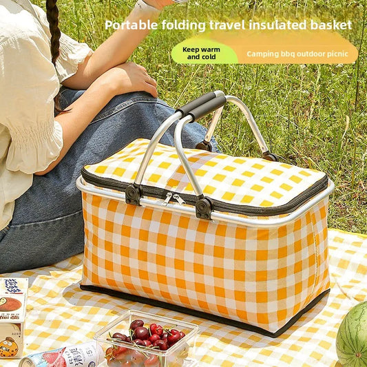 Folding picnic basket, large capacity outdoor camping insulation bag, hand-held aluminum foil thickened fabric car picnic bag