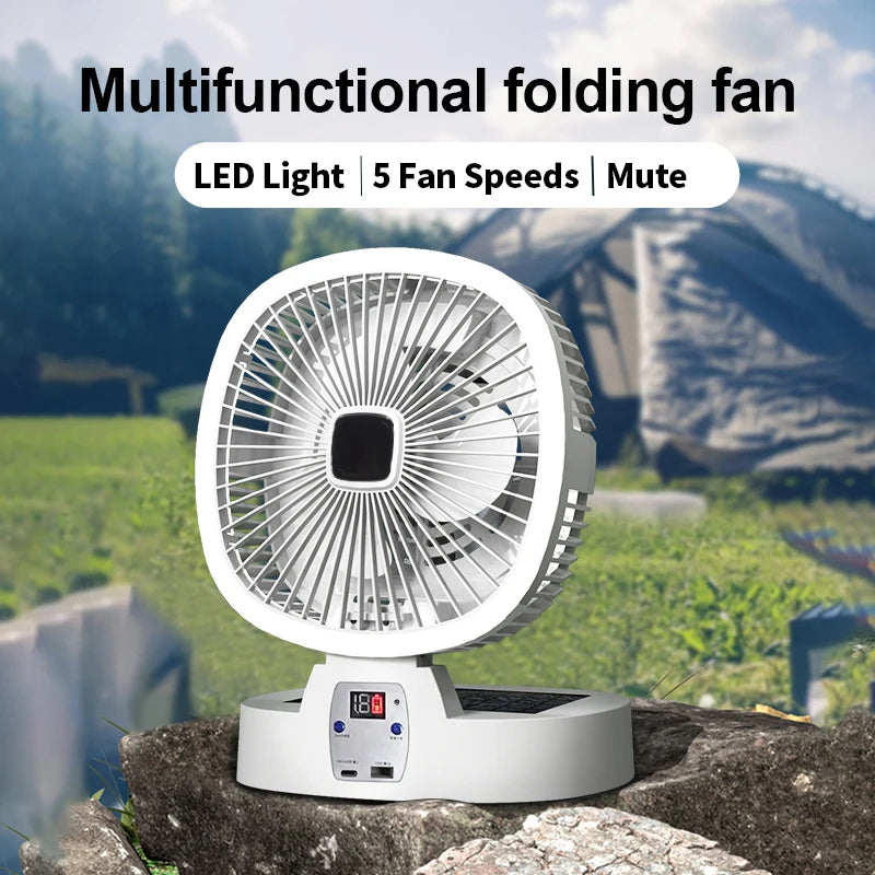 Outdoor Camping Fan Solar Power 5 Speeds Wireless Table LED Light Low Noise USB Chargeable Power Bank Home Portable Electric Fan