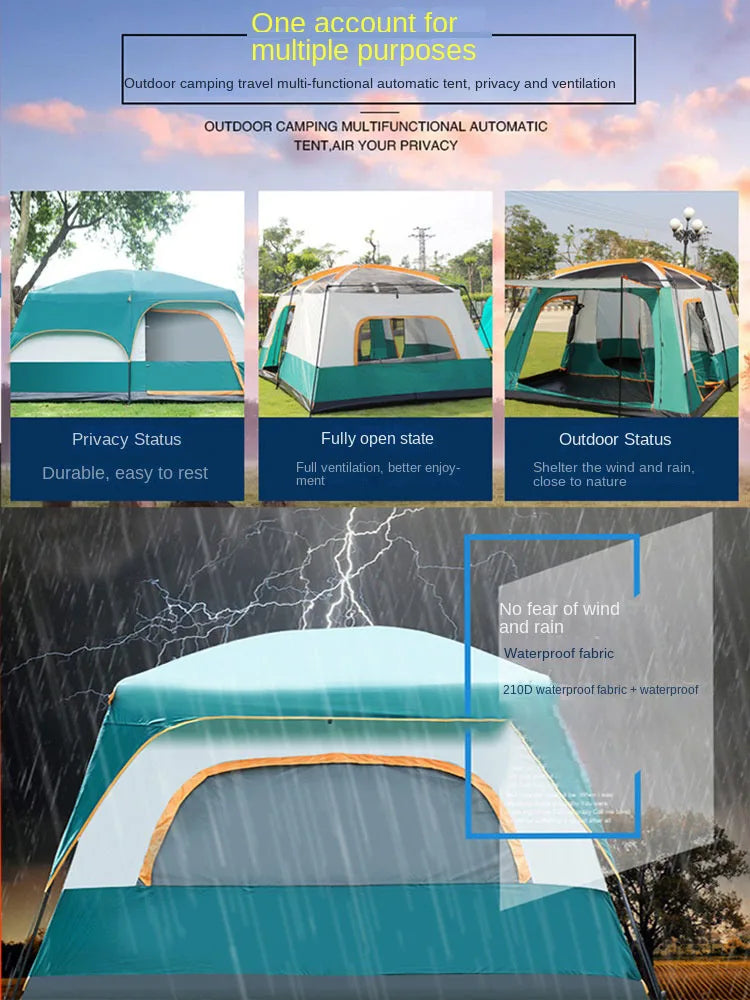 Portable Thickened Camping Tent for Family, Outdoor Large Tent, Rainproof and Waterproof, Camping Supplies, One Hall, 3-12P