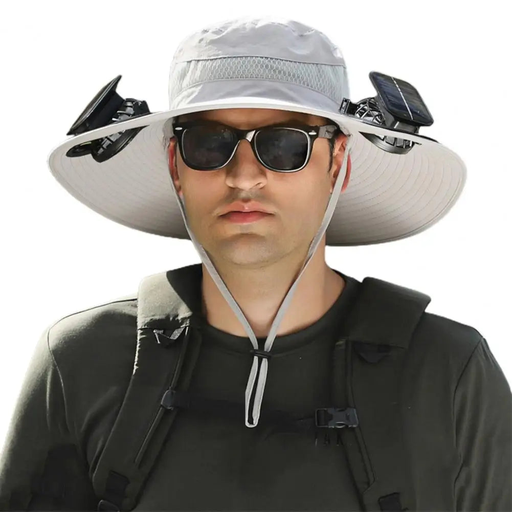 Solar Powered Cooling Hat Men Fisherman Hat Large Brim Windproof Strap USB Rechargeable Fan Hat Outdoor Fishing Camping Cap