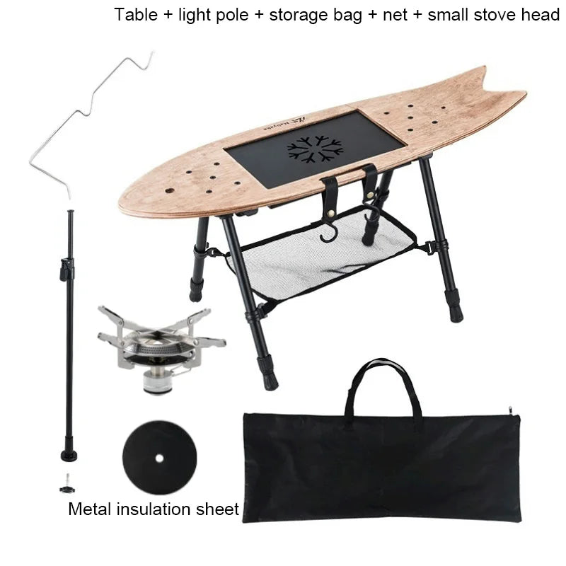 Portable Wood Coffee Table with Storage Bag Folding Creative Tea Desk Light Stand Camping Picnic Table for Outdoor Beach Hiking