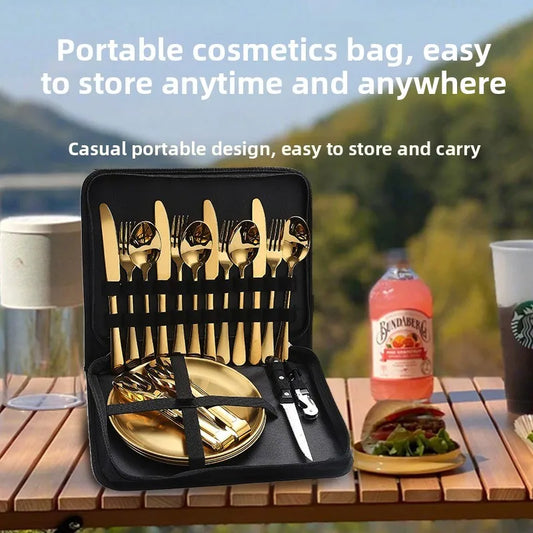 Stainless steel outdoor tableware set camping picnic knife fork spoon plate set outdoor portable meal