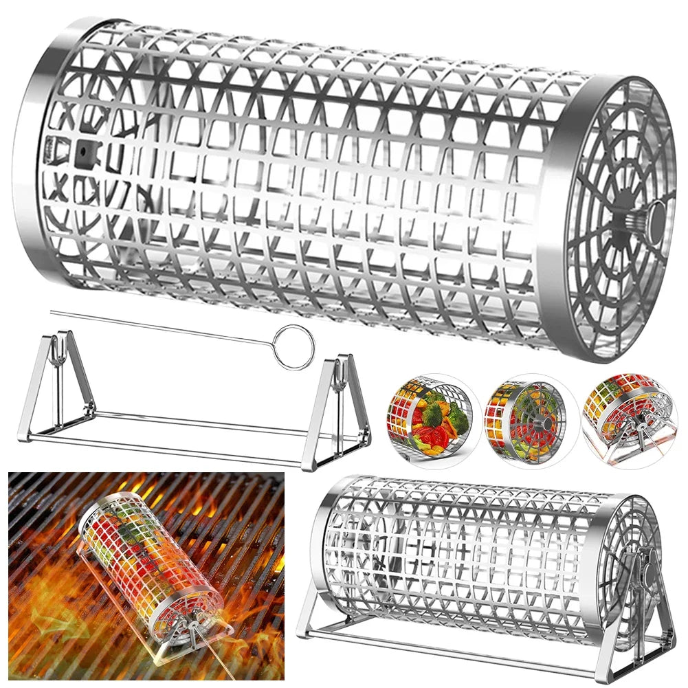 BBQ Basket Round Mesh Barbeque Rolling Grill Basket for Vegetables Fish Meat Outdoor Portable Grill Cage Kitchen Accessories