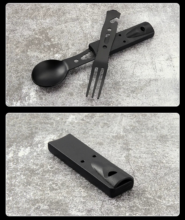 Outdoor Set Multi functional Camping Knives Camping Tableware Outdoor Wind Combination Stainless Steel with Whistle Spoon Fork