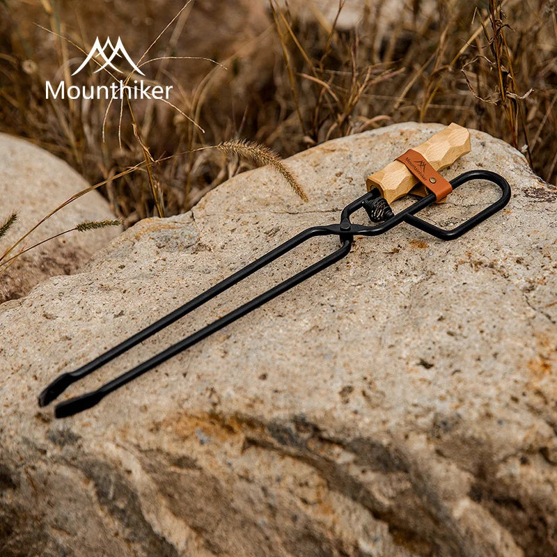 MOUNTAINHIKEOutdoor camping can be done by blowing fire barbecuing iron duck billed fire tongs solid wood handles charcoal clips
