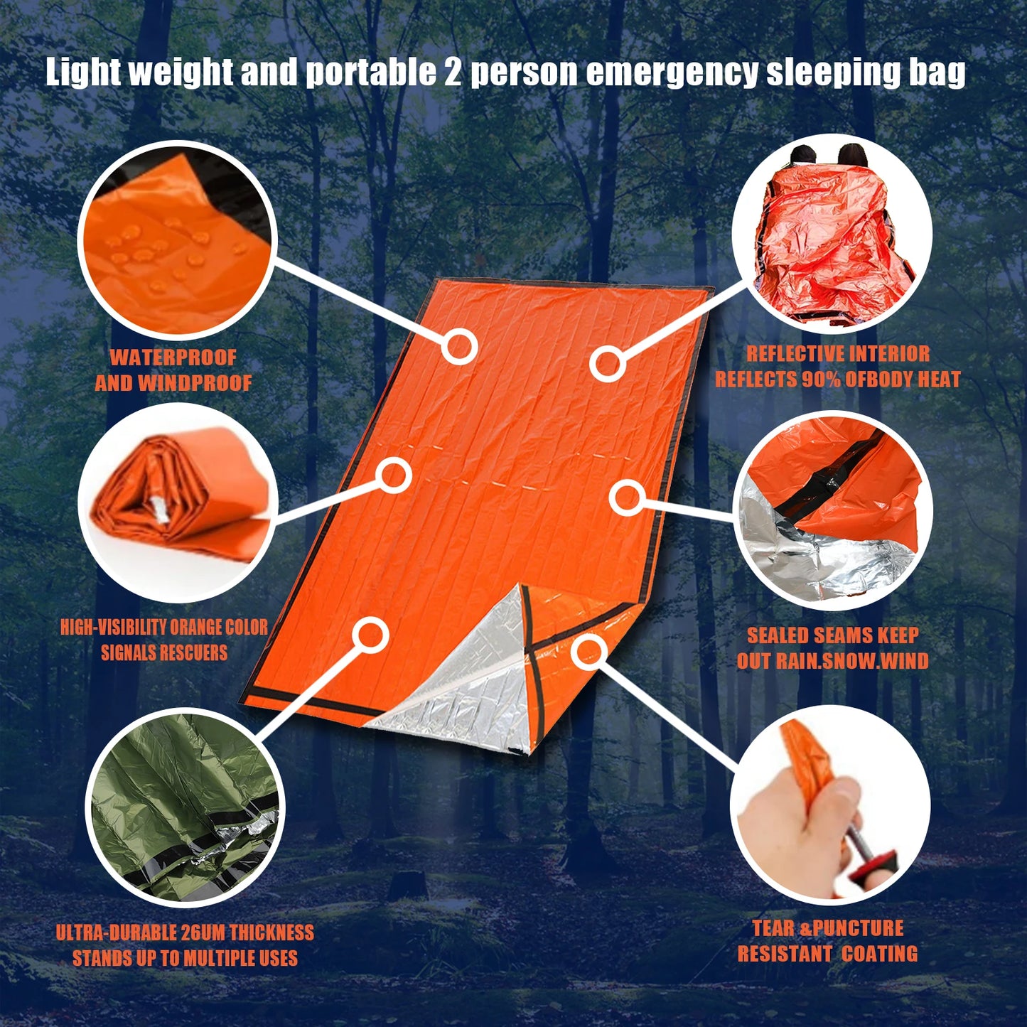Portable Waterproof Emergency Survival Sleeping Bag Outdoor Edc Camping Gear Thermal Sack First Aid Rescue Kit Mylar Blanket