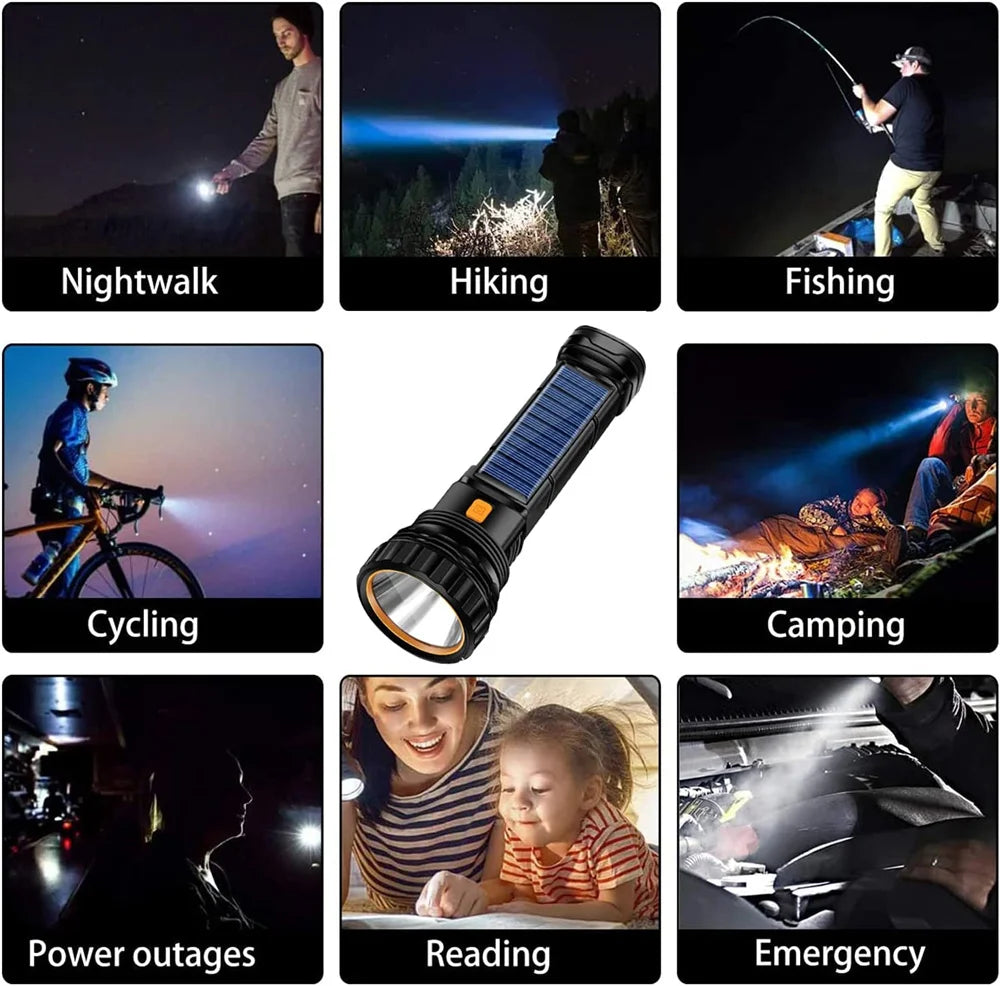 Solar LED Flashlight Waterproof Outdoor Flash Light 1000 Lumens Rechargeable Solar/USB Charging Emergency Supply Strobe Light