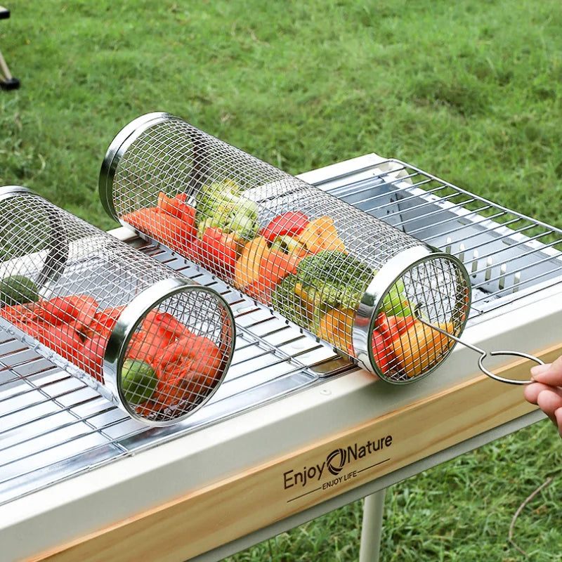 BBQ Cooking Grill Outdoor Portable BBQ Grate Cylinder Grilling Baskets for Outdoor Camping Picnic Cookware BBQ Tools