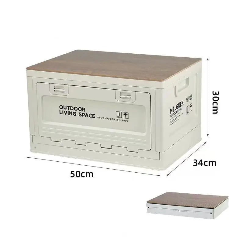 Storage Box, Outdoor Camping Foldable Storage Box with Wooden Lid Plastic Box