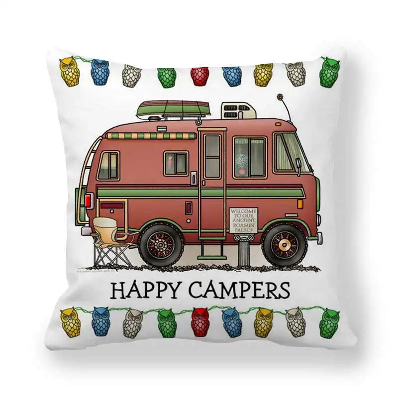 Happy Campers Car Cushion Cover Owl Outdoor Camping  Pillow  Sofa Decorative